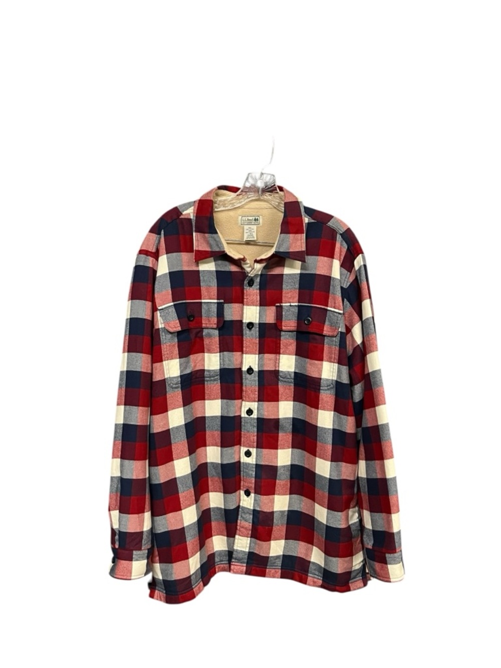L.L.Bean Sherpa Lined Plaid Flannel Shirt Jacket Red Blue Size Large Regular